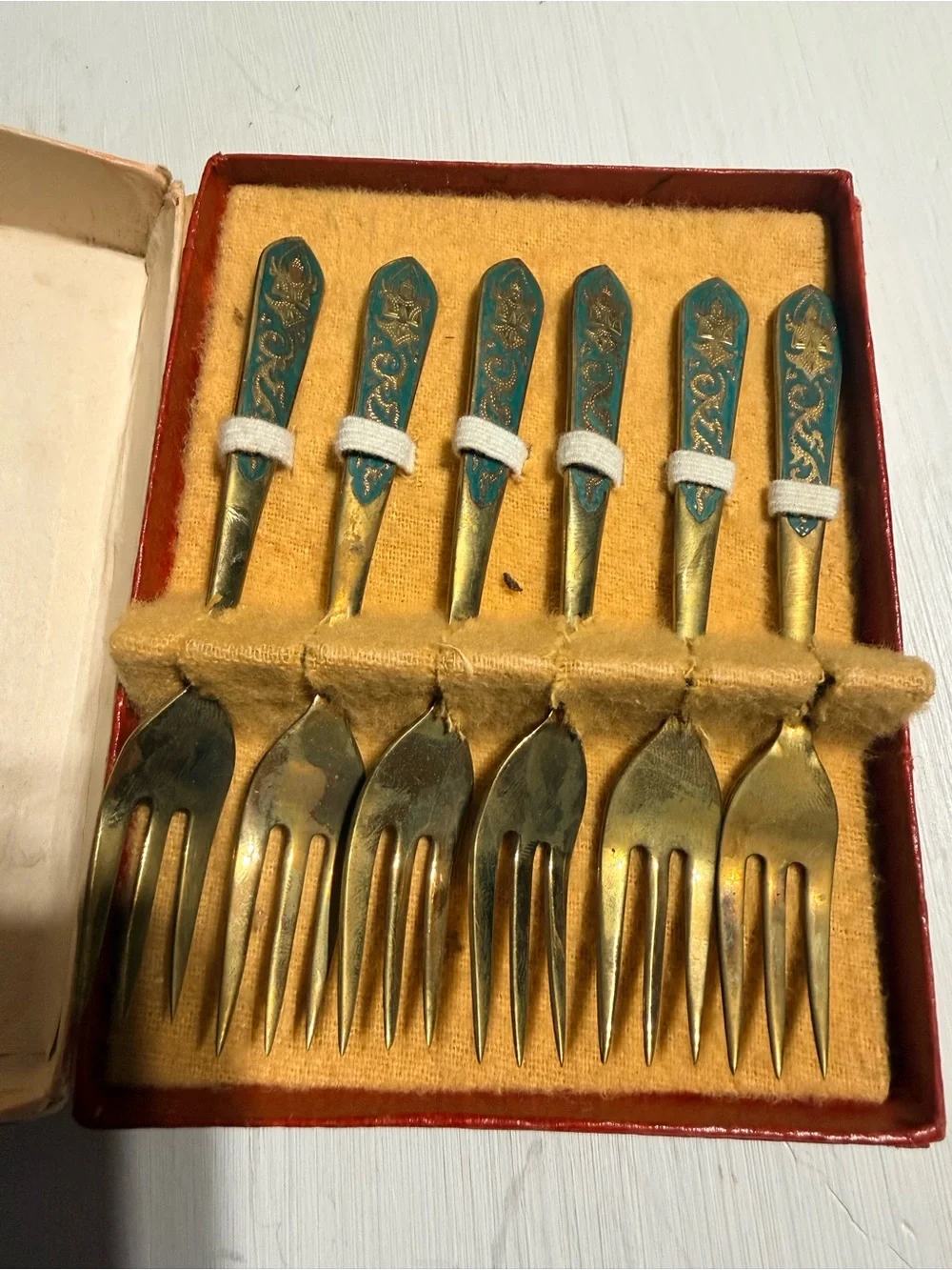 Vintage Brass Dessert Fork Set with Teal Floral Handles